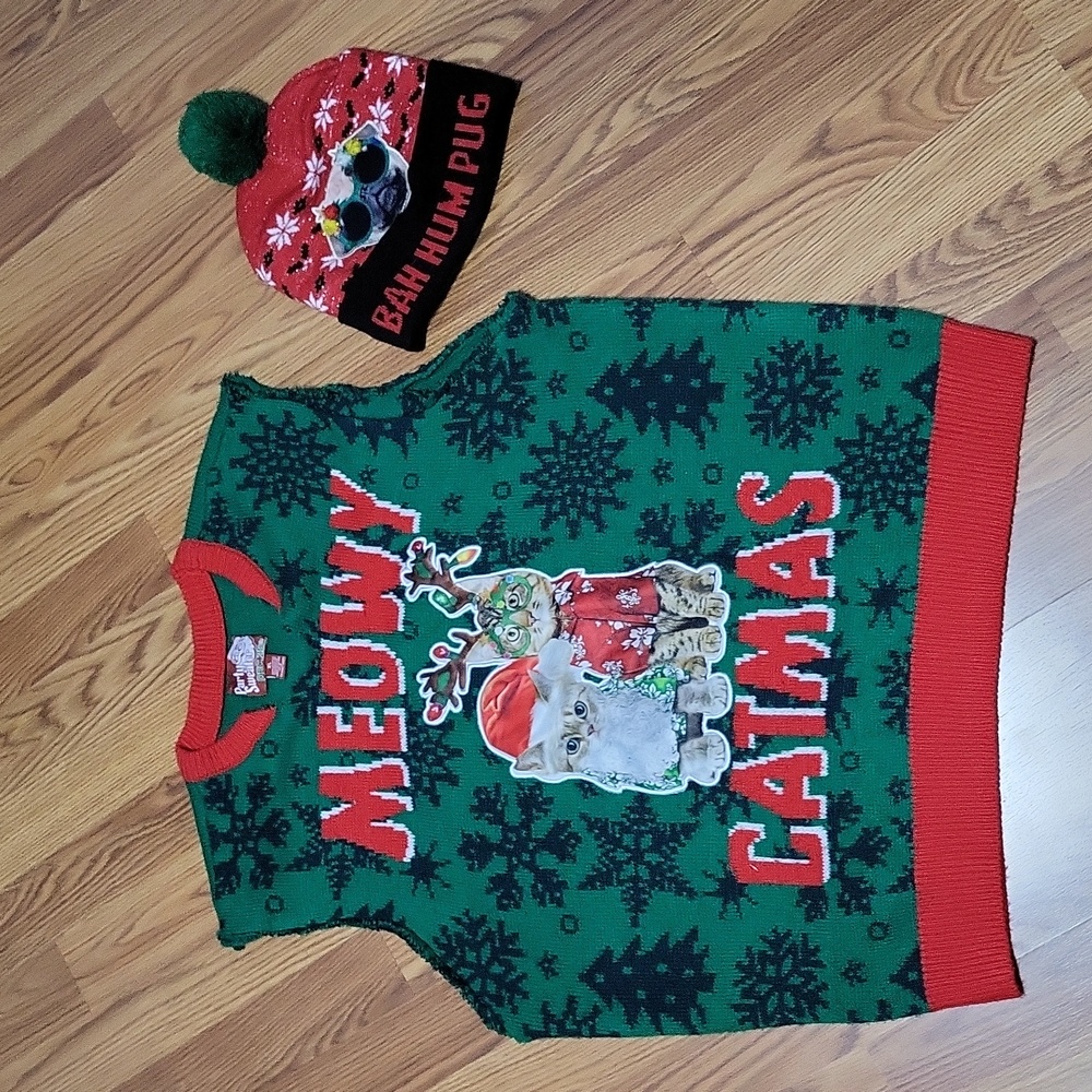 2 piece set Mens XL Christmas Ugly sweater cat dog Pug pom-pom hat Meowy catmas